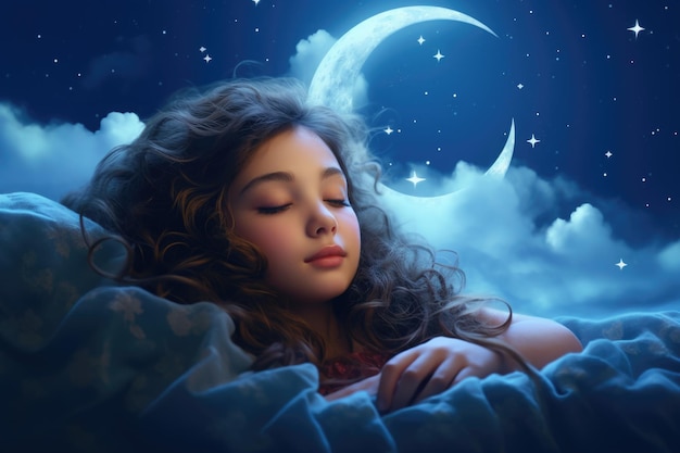 ragazza che dorme in una nuvola con la luna