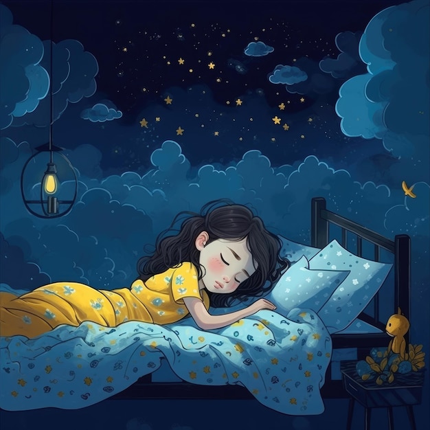 Ragazza che dorme tra la luna luminosa del cielo blu e il fumetto delle stelle con l'IA generativa