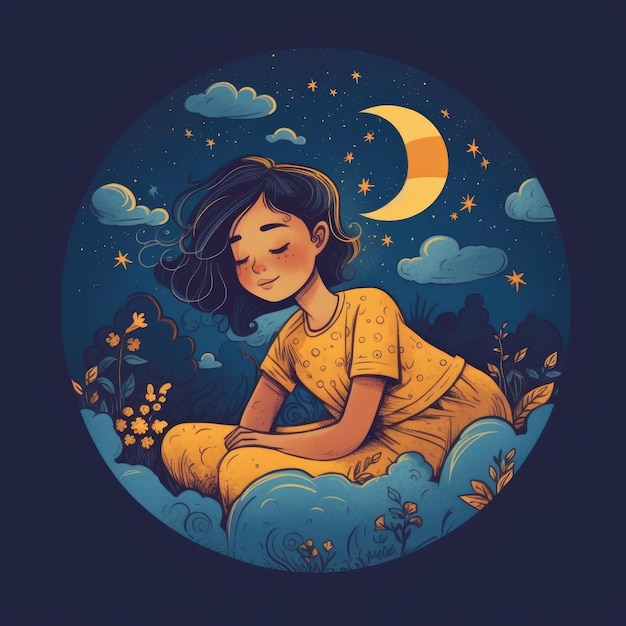 Ragazza che dorme tra la luna luminosa del cielo blu e il fumetto delle stelle con l'IA generativa