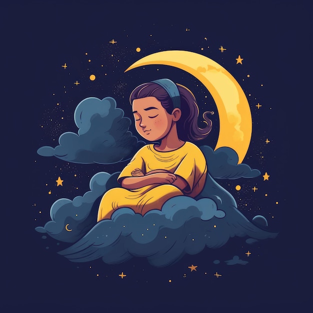 Ragazza che dorme tra la luna luminosa del cielo blu e il fumetto delle stelle con l'IA generativa