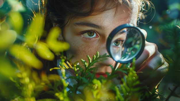 Ragazza che esplora la natura con la lente d'ingrandimento