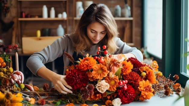 Ragazza che fa ghirlanda floreale autunnale utilizzando fiori colorati