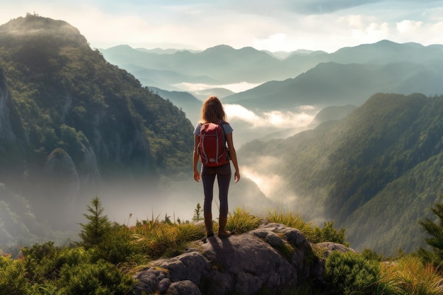 Ragazza che fa un'escursione nelle montagne del mattino