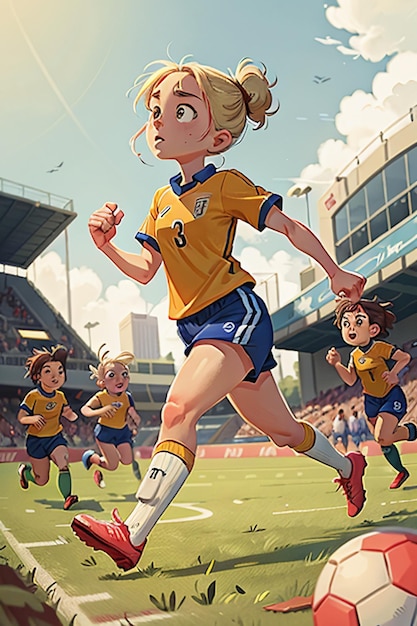 ragazza che gioca a calcio con gli amici nel campus sfondo di carta da parati cartone animato infanzia felice