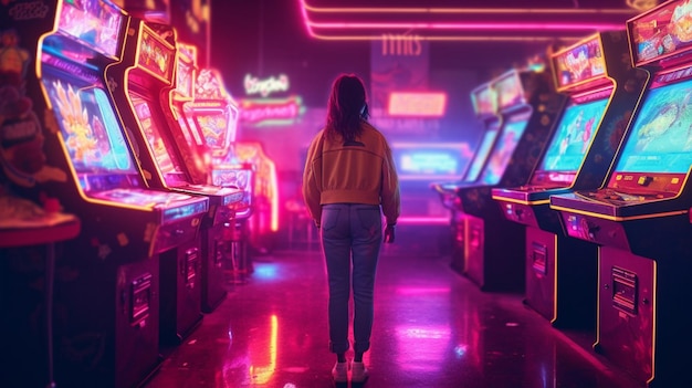 Ragazza che gioca a una macchina arcade con luci al neon IA generativa