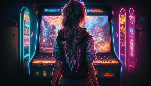 Ragazza che gioca a una macchina arcade con luci al neon Vista posteriore di una ragazza che gioca ad una macchina arcade AI