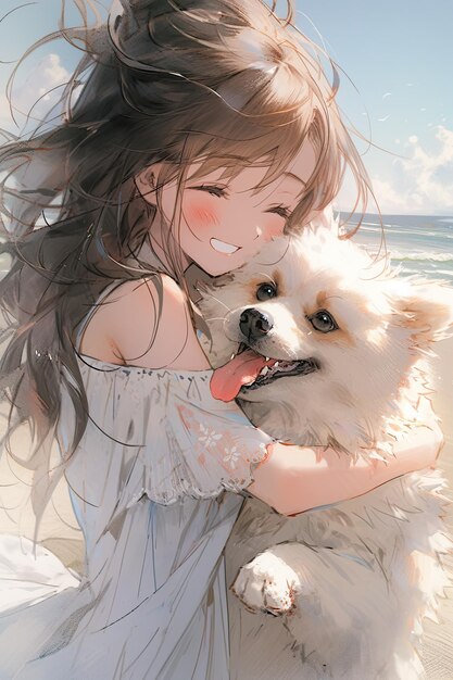 Ragazza che gioca con un grande samoyed sulla riva illustrazione anime