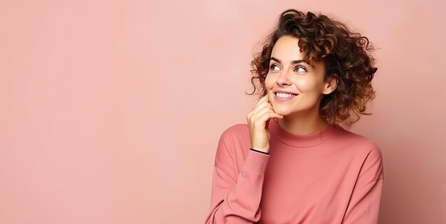 Ragazza che guarda da un lato con una faccia curiosa sfondo minimalista con spazio di copia