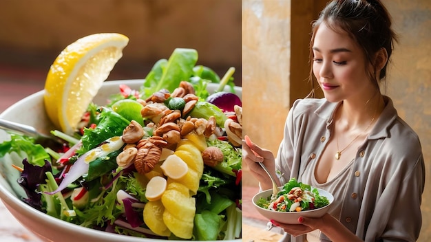 Ragazza che guarda la sua insalata