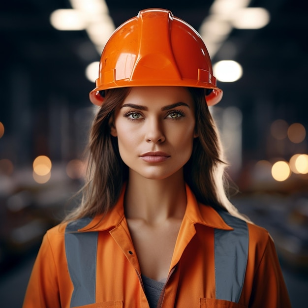 ragazza che indossa attrezzature di sicurezza e casco arancione costruttore lavoratore ragazza nell'industria AI generativo