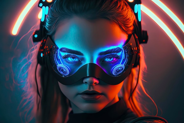 Ragazza che indossa le luci al neon delle cuffie VR