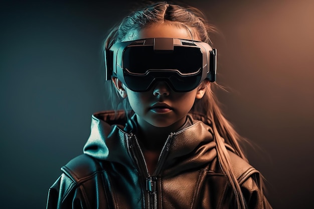 Ragazza che indossa occhiali VR cuffia per realtà virtuale o vetro VR isolato generato ai