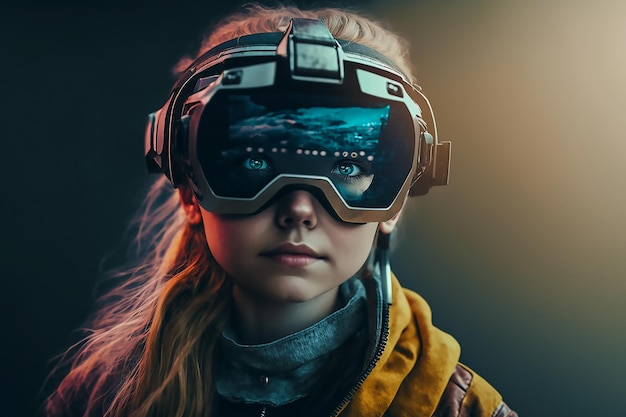 Ragazza che indossa occhiali VR cuffia per realtà virtuale o vetro VR isolato generato ai