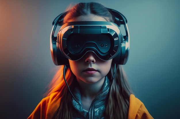 Ragazza che indossa occhiali VR cuffia per realtà virtuale o vetro VR isolato generato ai