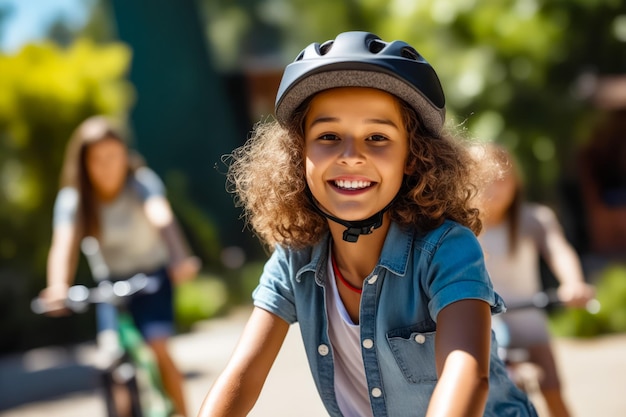 Ragazza che indossa un casco sorride mentre va in bicicletta AI generativa