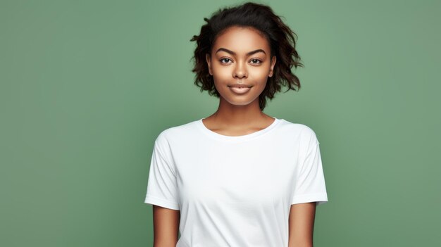 Ragazza che indossa un modello di camicia bianca sullo sfondo verde