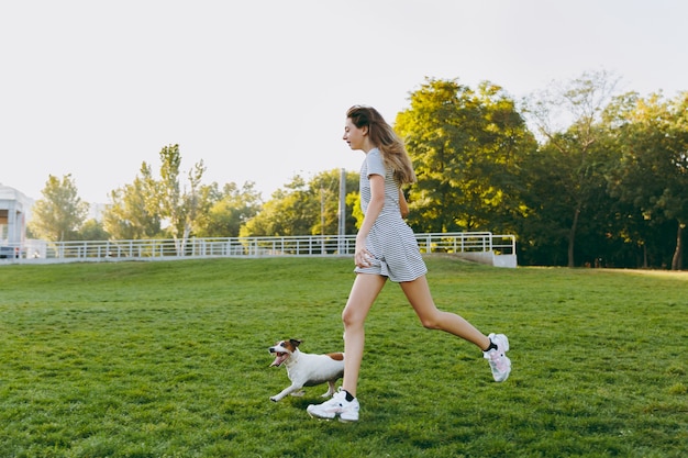 Ragazza che lancia frisbee arancione al piccolo cane divertente, che lo prende sull'erba verde. Piccolo animale domestico di Jack Russel Terrier che gioca all'aperto nel parco. Cane e proprietario all'aria aperta.