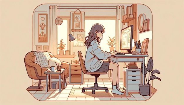 Ragazza che lavora al computer in un'illustrazione di ambiente domestico accogliente