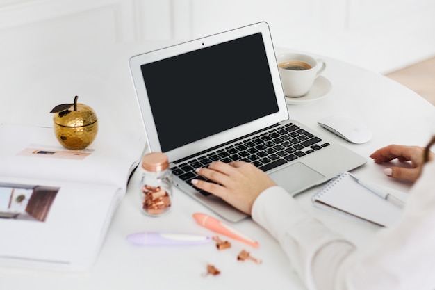 Ragazza che lavora al computer, utilizzando il computer per lavoro, blog, tempo libero e divertimento