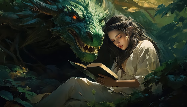 Ragazza che legge un libro accanto al concetto di nuovo anno del drago cinese verde