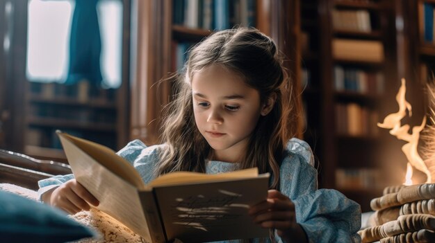 Ragazza che legge un libro in biblioteca