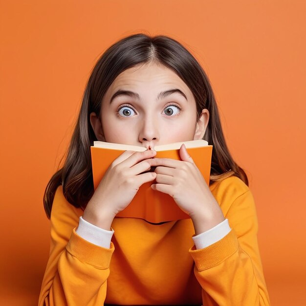 Ragazza che legge un libro sdraiata su uno sfondo arancione