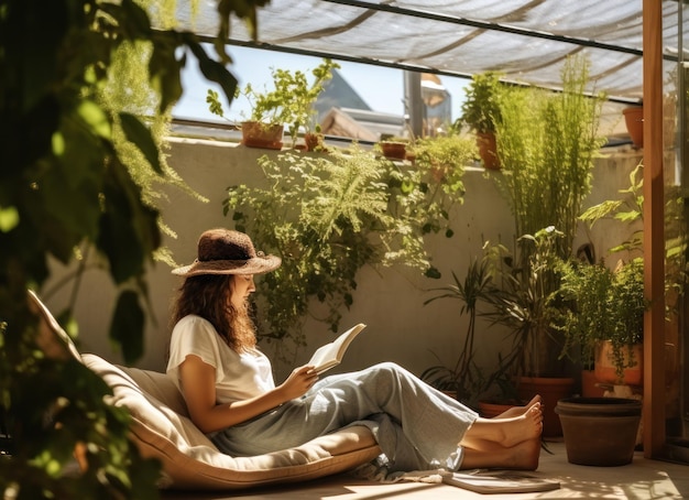 Ragazza che legge un libro sul patio in un clima soleggiato