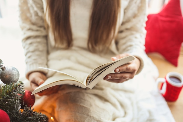 Ragazza che legge un libro, umore del nuovo anno.