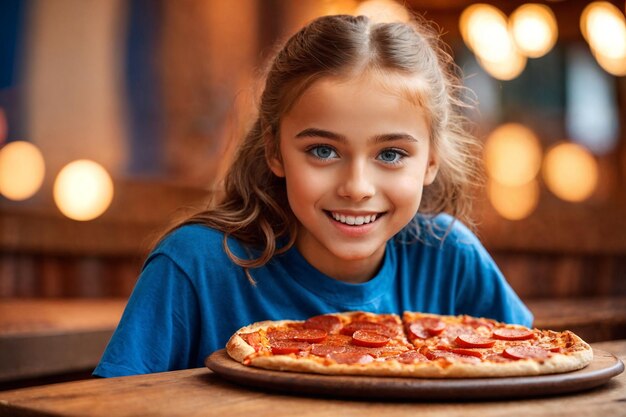 Ragazza che mangia pizza in un caffè cibo malsano maglietta blu