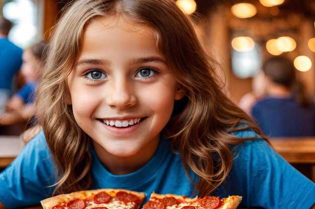 Ragazza che mangia pizza in un caffè cibo malsano maglietta blu