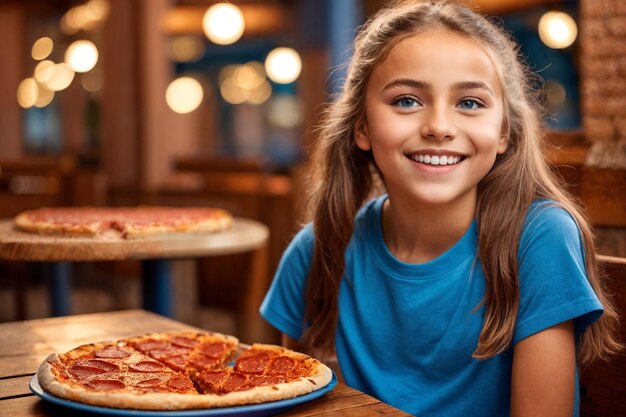 Ragazza che mangia pizza in un caffè cibo malsano maglietta blu