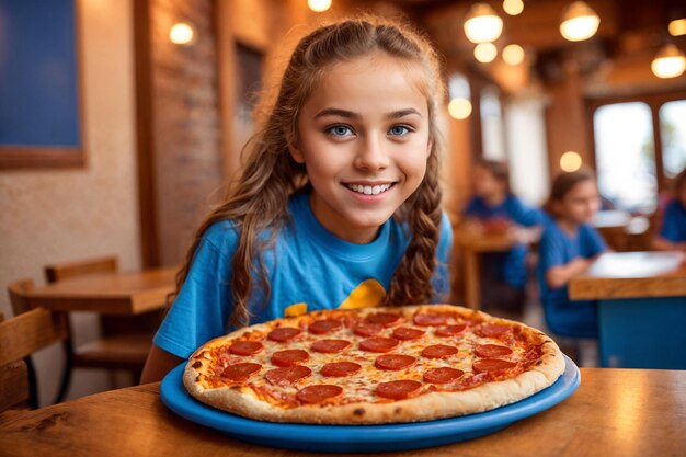 Ragazza che mangia pizza in un caffè cibo malsano maglietta blu