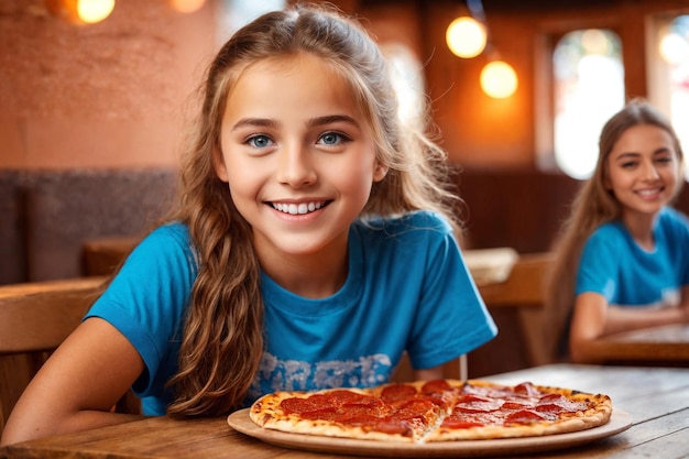 Ragazza che mangia pizza in un caffè cibo malsano maglietta blu