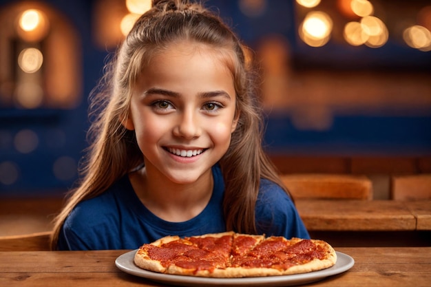 Ragazza che mangia pizza in un caffè cibo malsano maglietta blu