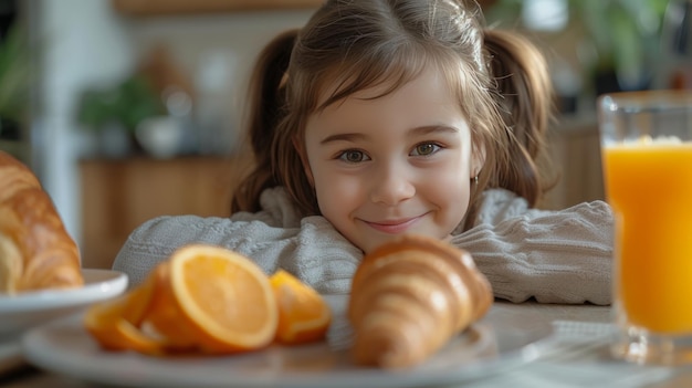 Ragazza che mangia un croissant a colazione con succo d'arancia