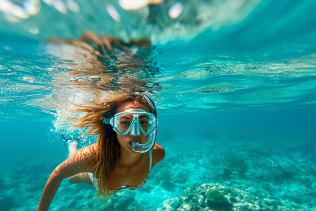 Ragazza che nuota sott'acqua con una maschera