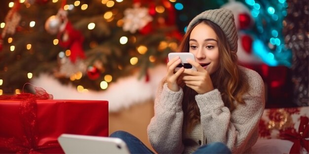 ragazza che parla al telefono sullo sfondo di Natale