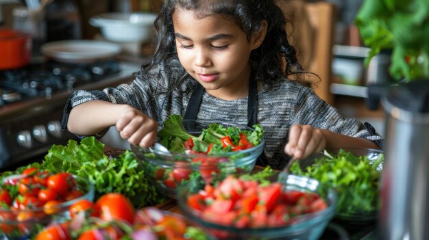 Ragazza che prepara l'insalata in cucina