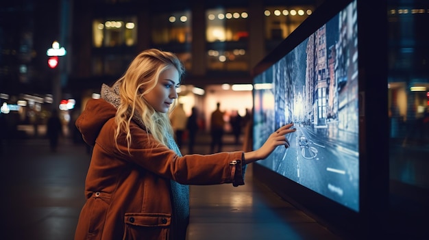 Ragazza che punta il dito sul monitor vuoto con tecnologia multimediale touch hipster sullo spazio di copia della città notturna per il testo