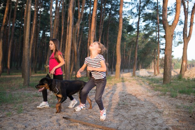 Ragazza che salta su un ramo in una mattina di sole nella foresta e sullo sfondo sorella con un cane