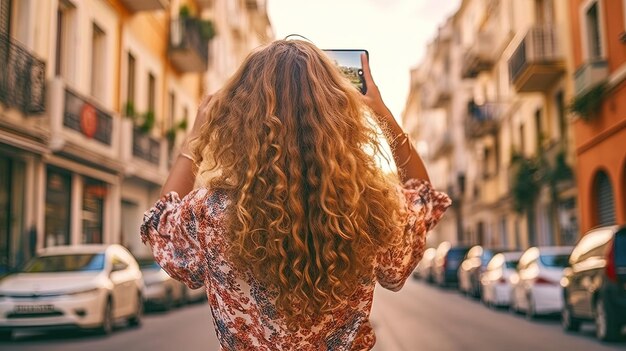 Ragazza che scatta fotografie in una città europea