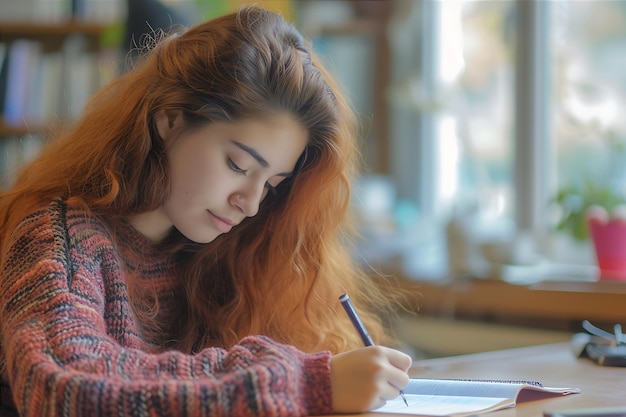 Ragazza che scrive appunti a tavola