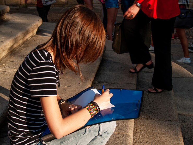 Foto ragazza che scrive sulla carta mentre è seduta sui gradini.