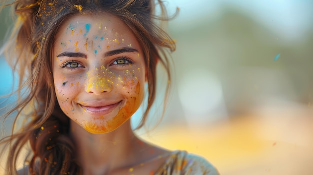 Ragazza che si diverte del festival dei colori di Holi in un ritratto