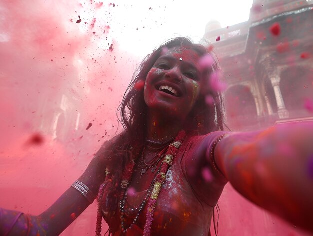 Ragazza che si diverte e si fa un selfie al festival di Holi