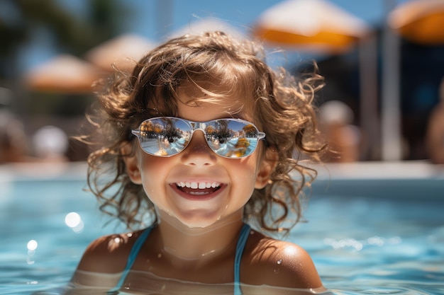 Ragazza che si diverte in una piscina indossando occhiali da sole alla moda