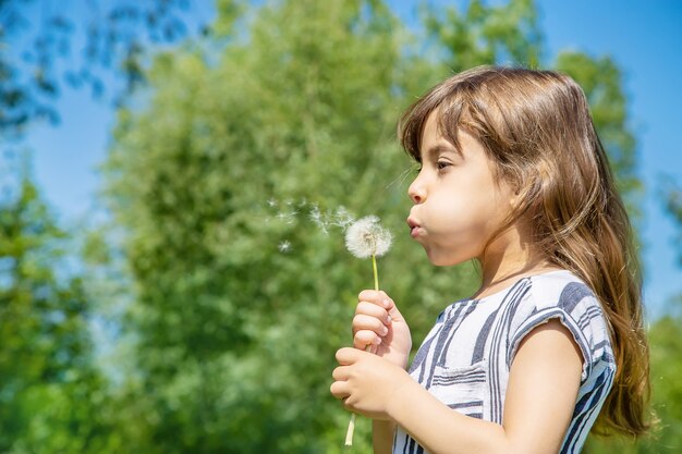 Ragazza che soffia i denti di leone in aria.