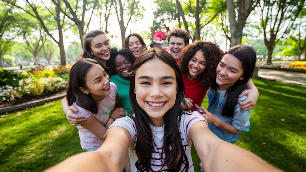 Ragazza che sorride facendo una foto auto con i suoi amici intorno