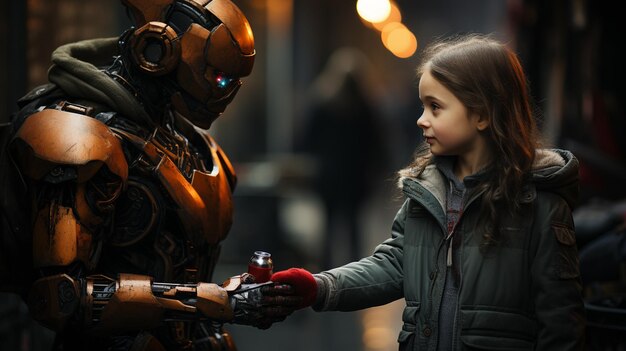 Ragazza che stringe la mano a un robot Generative Ai