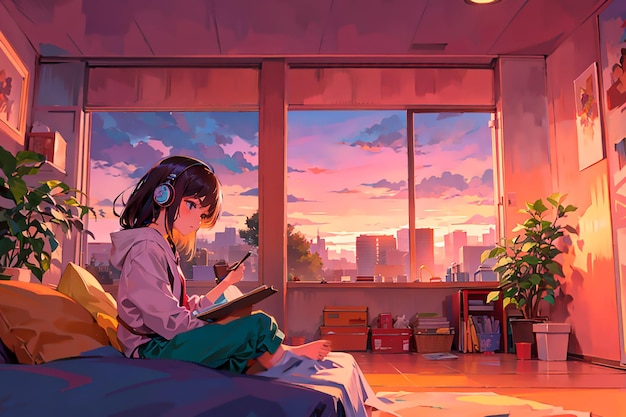 Ragazza che studia e ascolta musica con le cuffie sul suo letto al tramonto